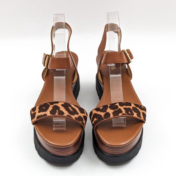Michael Kors Wmn Marlon Haircalf Leather Brown Platform Buckle Sandals size 8.5 - Picture 3 of 10